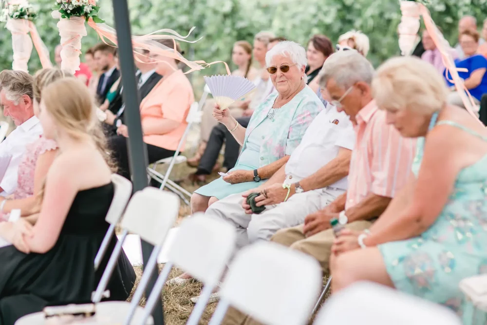 Hochzeitsgäste bei freier Trauung im Weinberg zur Hochzeit mit Fotograf bei Würzburg nahe Winzerhof Stahl