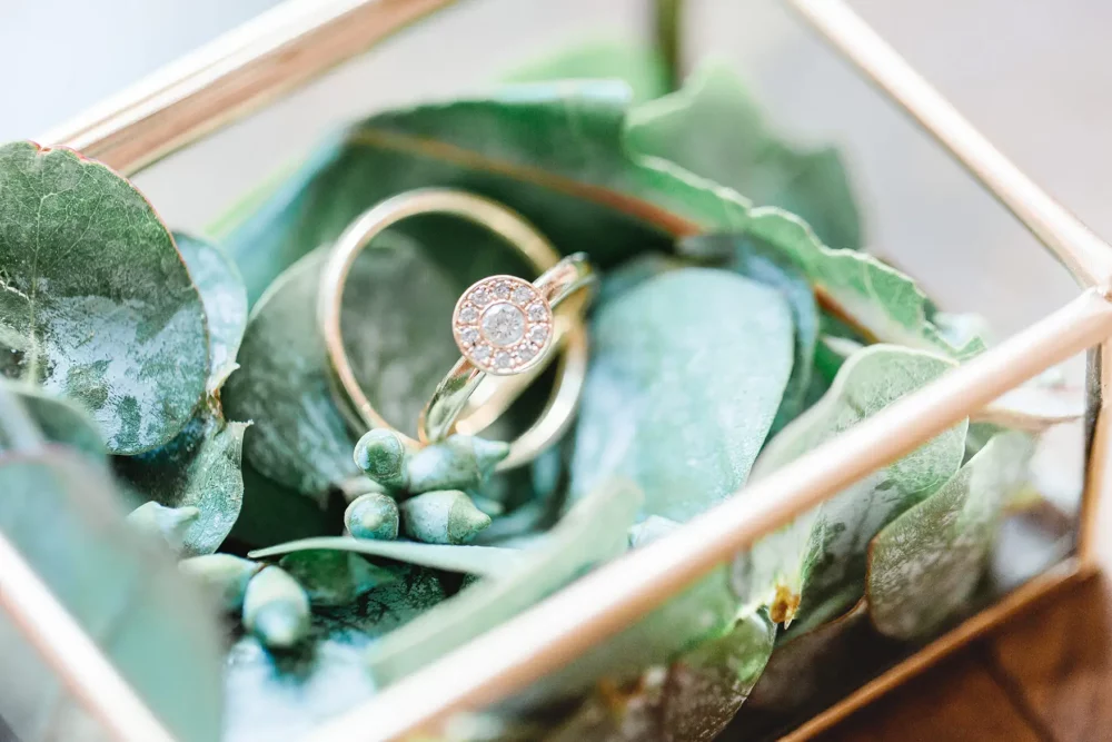 moderne, schmale Eheringe aus Gelbgold in Ringkästchen aus Glas zur Hochzeit in Nürnberg